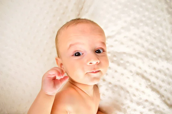 Skott Söt Baby Liggande Säng Och Tittar Kameran — Stockfoto