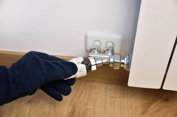 Hand Tight Wool Glove Thermostat Valve Close Home — Stock Photo, Image