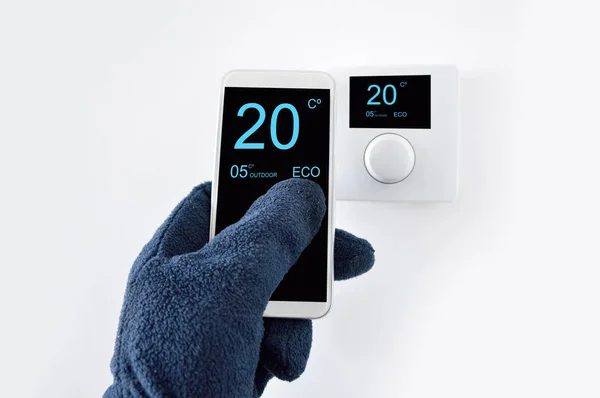 Regulating Temperature Smartphone Controlling Digital Thermostat Finger Pressing Button — Stock Photo, Image
