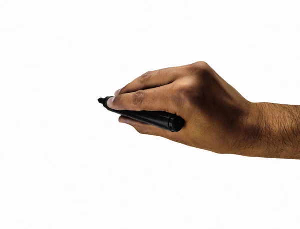 Zwarte Mannenhand Klaar Voor Tekening Met Zwarte Marker Geïsoleerd Wit — Stockfoto
