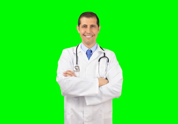 Handsome Doctor Standing His Arms Folded Smiling Camera Isolated Cutout — Stock Photo, Image