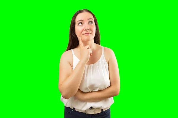 Vrouw Zoek Doordachte Geïsoleerd Knipsel Groene Achtergrond Met Een Chromakey — Stockfoto