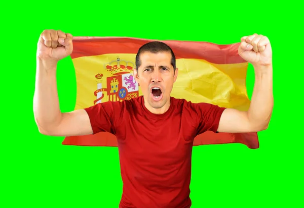 Hombre Gritando Por Victoria Con Bandera Española Aislado Recorte Sobre — Foto de Stock