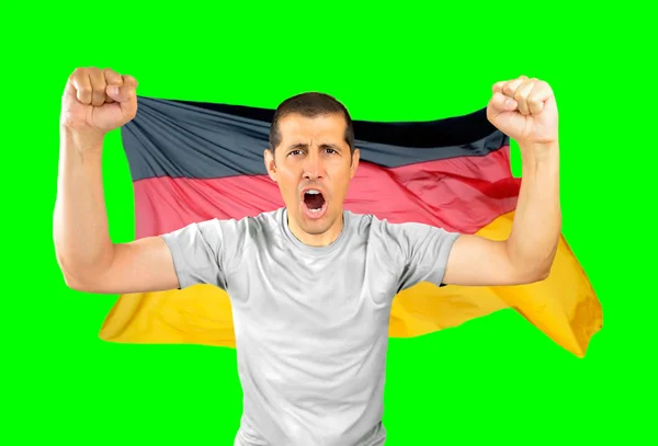 Man Skriker Efter Segern Med Tyskland Flagga Isolerade Cutout Grön — Stockfoto