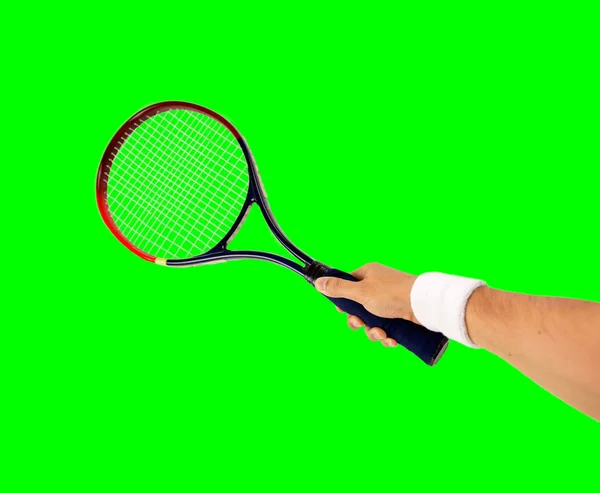 Hand Mit Einem Tennisschläger Schlägt Einen Ball Isoliert Auf Weißem — Stockfoto