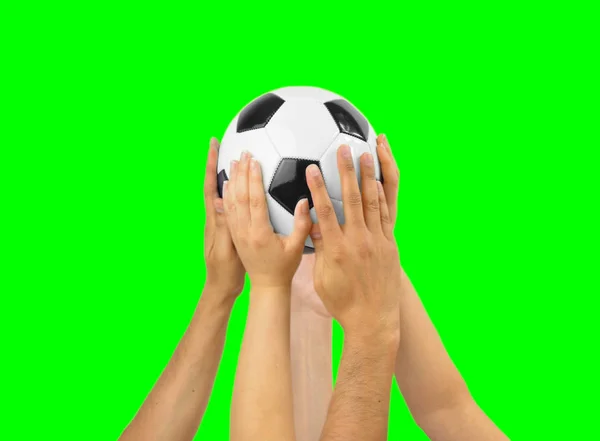 Grupo Aficionados Fútbol Sosteniendo Una Pelota Fútbol Aislado Recorte Sobre — Foto de Stock