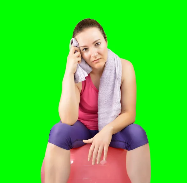 Fitness Woman Resting Pilates Ball Drying Sweat Towell Oven Isolated — Stock Photo, Image