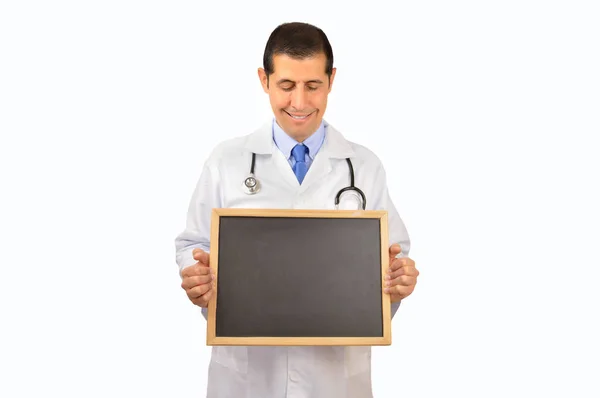 Portrait Doctor Looking Blackboard Smiling White Background — Stock Photo, Image