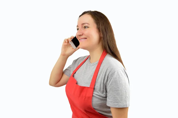 Shopwoman Met Schort Maakt Gebruik Van Een Slimme Telefoon Met — Stockfoto
