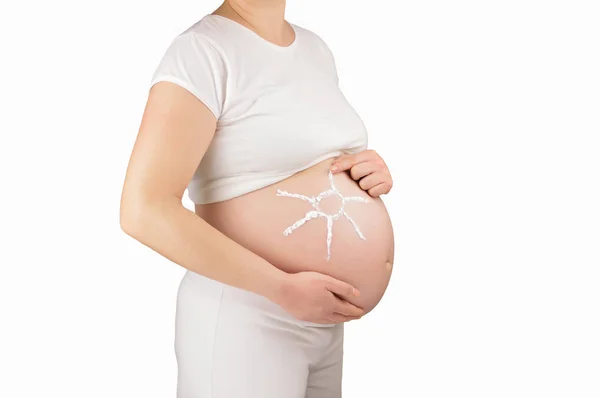 Cropped Shot Pregnant Woman Sun Drawn Her Belly Background White — Stock Photo, Image