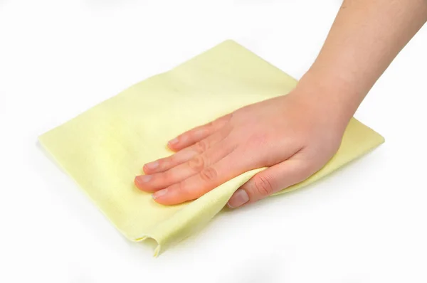 Hand Wiping Surface Yellow Rag Isolated White Royalty Free Stock Photos