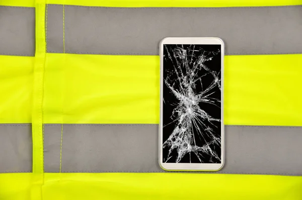 Telefone Quebrado Com Camisa Amarela Conceito Chamada Emergência Acidentes — Fotografia de Stock
