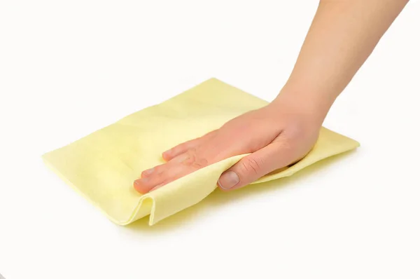 Hand Wiping Surface Yellow Rag Isolated White — Stock Photo, Image