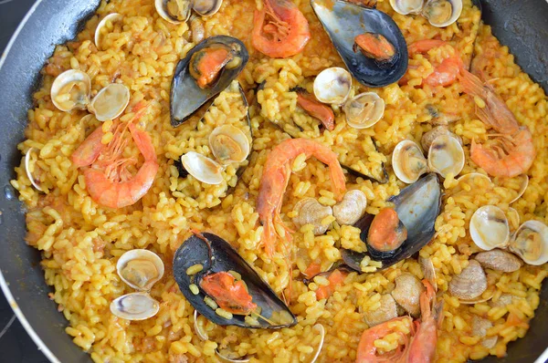 close up a traditional spanish rice paella with sea food