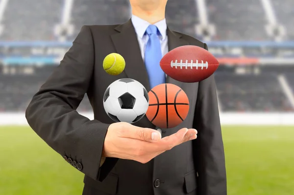 Zakelijke Man Met Groep Van Ballen Van Verschillende Sporten Hand — Stockfoto