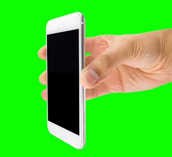 Mão Homem Segurando Telefone Inteligente Recorte Isolado Fundo Verde Com — Fotografia de Stock