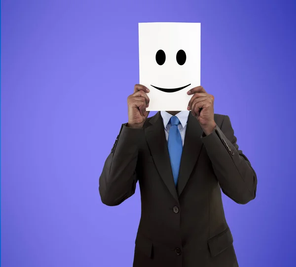 Бізнесмен Показує Щасливий Емоціон Перед Його Обличчям Синьому Фоні — стокове фото