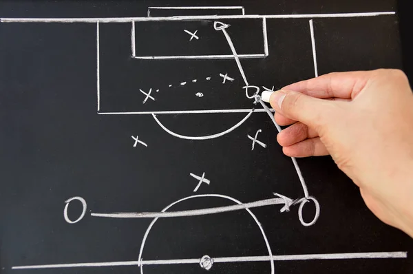 Hand Van Een Voetbalcoach Een Tactiek Voetbal Spel Met Wit — Stockfoto