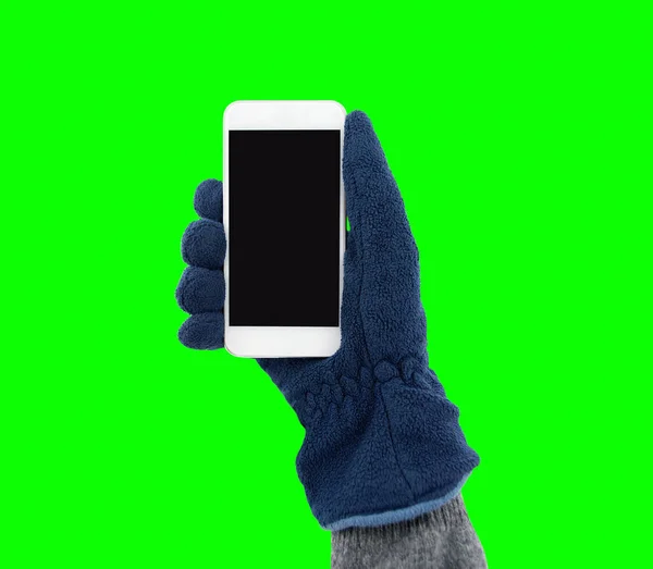 Hand Mit Handschuh Der Winter Ein Smartphone Hält Und Isolierter — Stockfoto