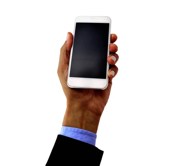 Geschäftsmann Hält Ein Smartphone Mit Weißem Hintergrund Die Höhe — Stockfoto