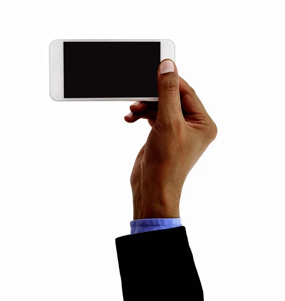 Businessman Hand Holding Smart Phone White Background — Stock Photo, Image