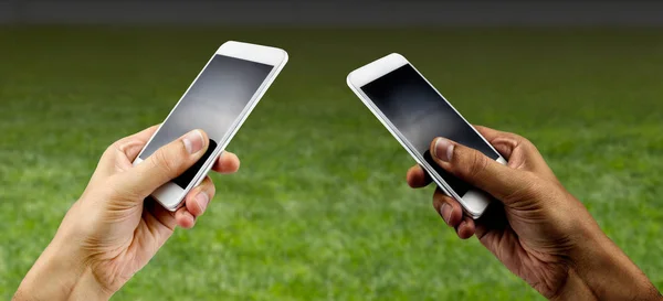 Amigos Usando Teléfono Para Apostar Estadio —  Fotos de Stock