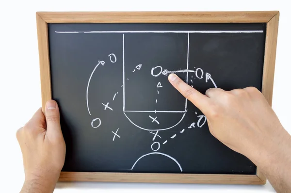 Coach Indicating Finger Tactic Meeting Blackboard White Background — Stock Photo, Image