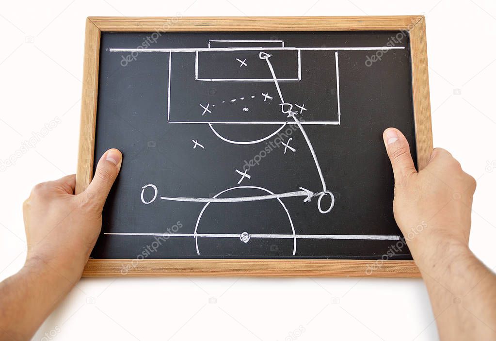 coach with a blackboard with tactics with white background