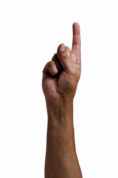 Nahaufnahme Der Menschenhand Mit Zeigefinger Nach Oben Vor Weißem Hintergrund — Stockfoto
