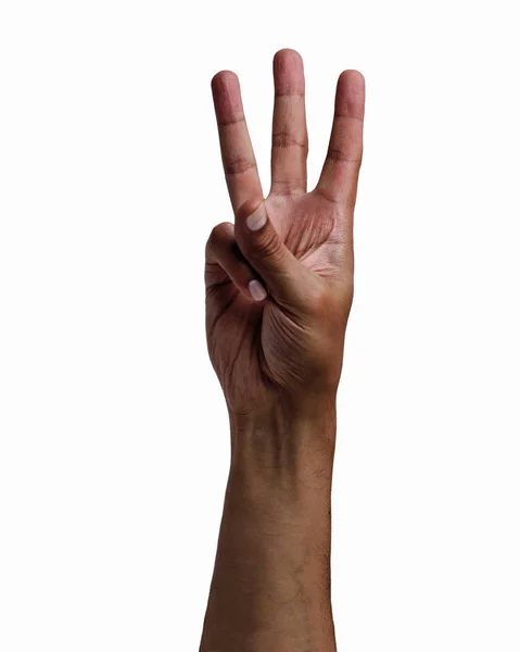 Afrikanische Männerhand Zeigt Drei Finger Auf Weißem Isoliertem Hintergrund — Stockfoto