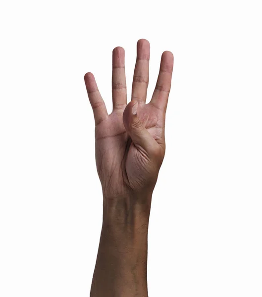 Detailní Záběr Muže Ruka Ukazující Čtyři Prsty Bílým Pozadím — Stock fotografie