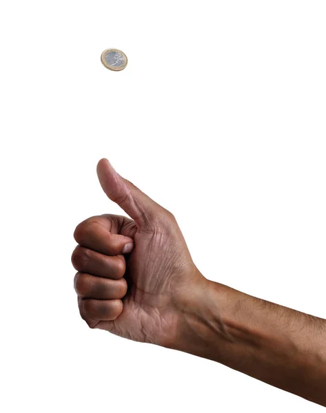 Mano Africano Lanzando Una Moneda Aislada Sobre Blanco —  Fotos de Stock