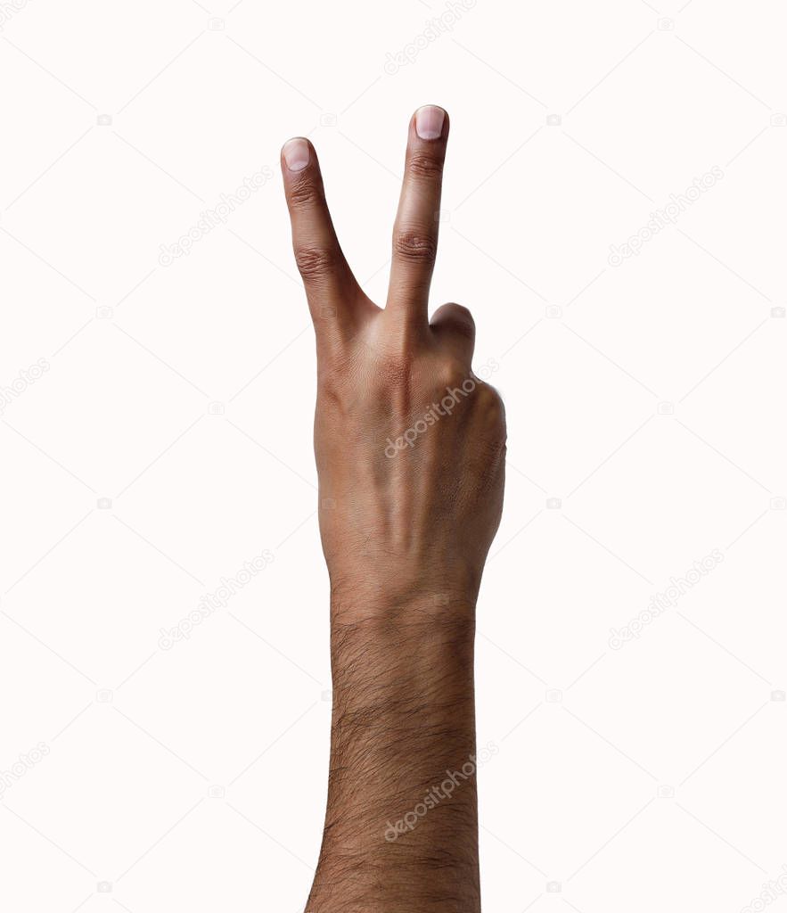 African man hand showing two fingers on a white isolated background