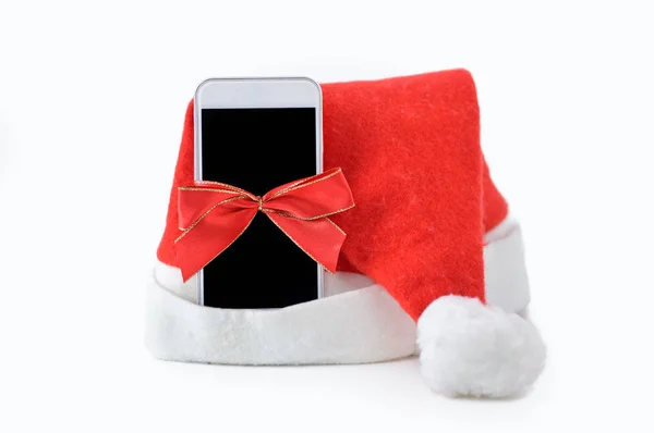 Detail Telefonu Vánoční Dárek Mašlí Izolovaných Bílém Pozadí — Stock fotografie