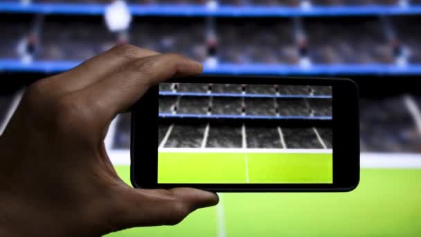 Man Shooting Video Streaming Soccer Match Stadium — Stock Video