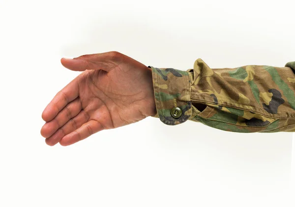 Обрізаний Знімок Невпізнаваної Руки Людини Готової Рукостискання Білому Ізольованому Тлі — стокове фото