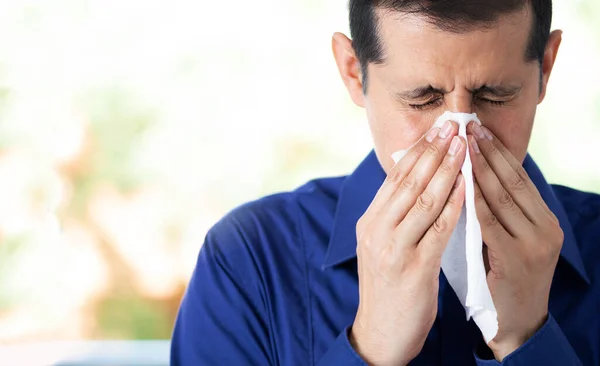 Shot Young Man Feeling Ill Blowing His Nose Tissue Home — Stock Photo, Image