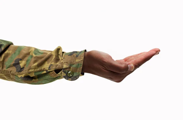Στρατιώτης Άνθρωπος Χέρι Παλάμη Επάνω Απομονώνονται Λευκό — Φωτογραφία Αρχείου