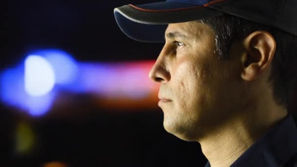 Cropped Portrait Policeman Standing Alone Staring Control Night Stock Video