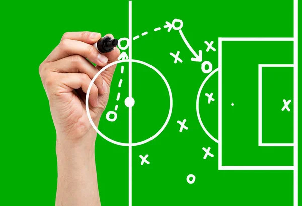 Trener Rysunek Piłki Nożnej Lub Piłki Nożnej Gry Playbook Strategia — Zdjęcie stockowe