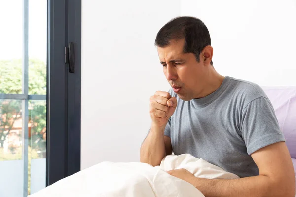 Shot Handsome Young Man Suffering Thecoughing Symptom Cold Bronchitis While — Stock Photo, Image