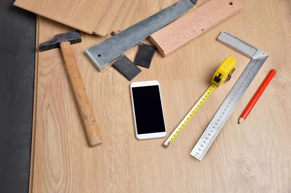 Planks Laminate Floor Tools Install Them — Stock Photo, Image