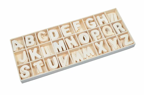 English Alphabet Set Wooden Box Isolated White Background — Stock Photo, Image