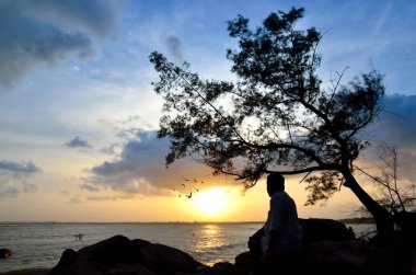 Güneşe bakarak kayaya oturan adam silüeti iner