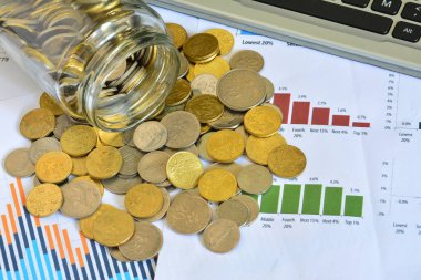 Grafikler, çizelgeler, defter, kalem ve paralar. İş kavramı 