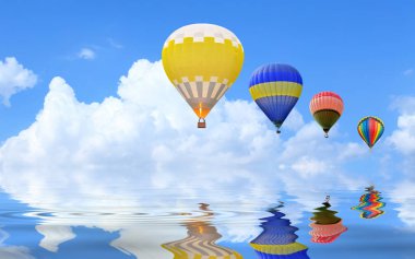 Sıcak hava balonu gökyüzüne yeşil çim üzerinde yüzen