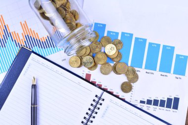 Grafikler, çizelgeler, defter, kalem ve paralar. İş kavramı