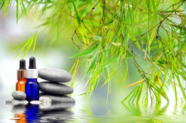 Konservesi zen taşlar ve spa yağı üzerinde su yüzeyine bırakır