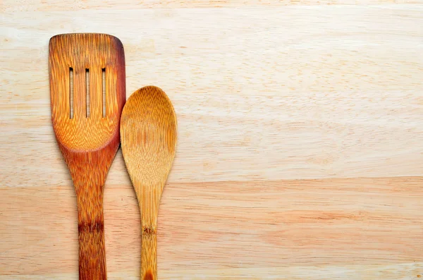 Wood Background Copyspace Wooden Kitchen Utensils Lying Top — Stock Photo, Image