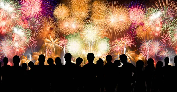 Sziluettjét Népek Élvezheti Fesztivál Vagy Holiday Térkép Csodálatos Tűzijáték — Stock Fotó